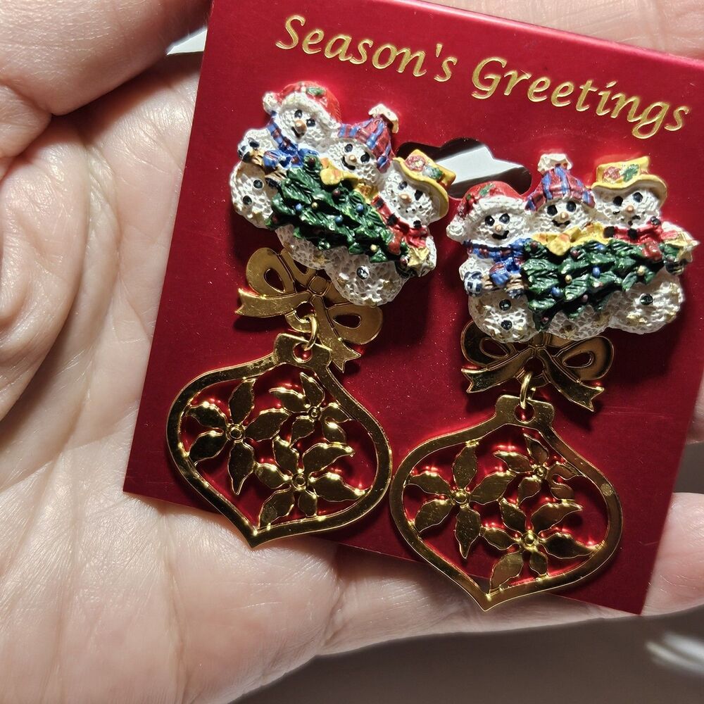 Gold Tone Christmas Ornament And Snowman Trio Earring Set